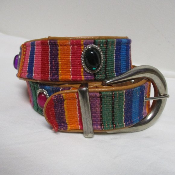 ***SOLD*** Southwestern Colorful Striped Woven Belt sz M Cabochon Conchos - Picture 2 of 7